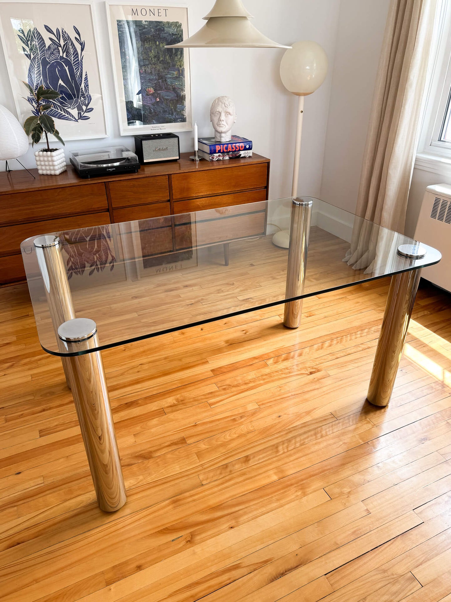 Table à manger vintage chrome & verre postmoderne, 70s