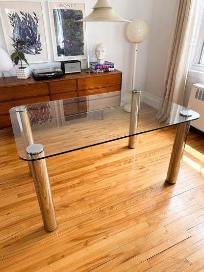 Table à manger vintage chrome & verre postmoderne, 70s