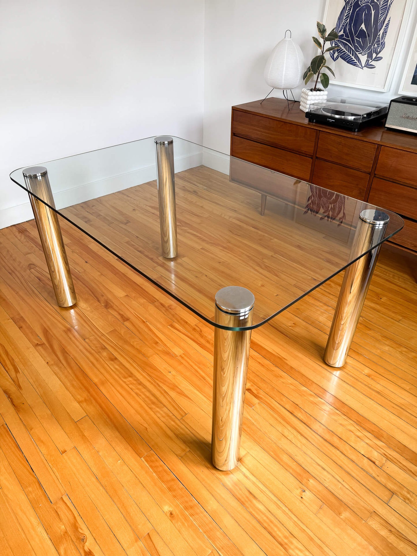 Table à manger vintage chrome & verre postmoderne, 70s