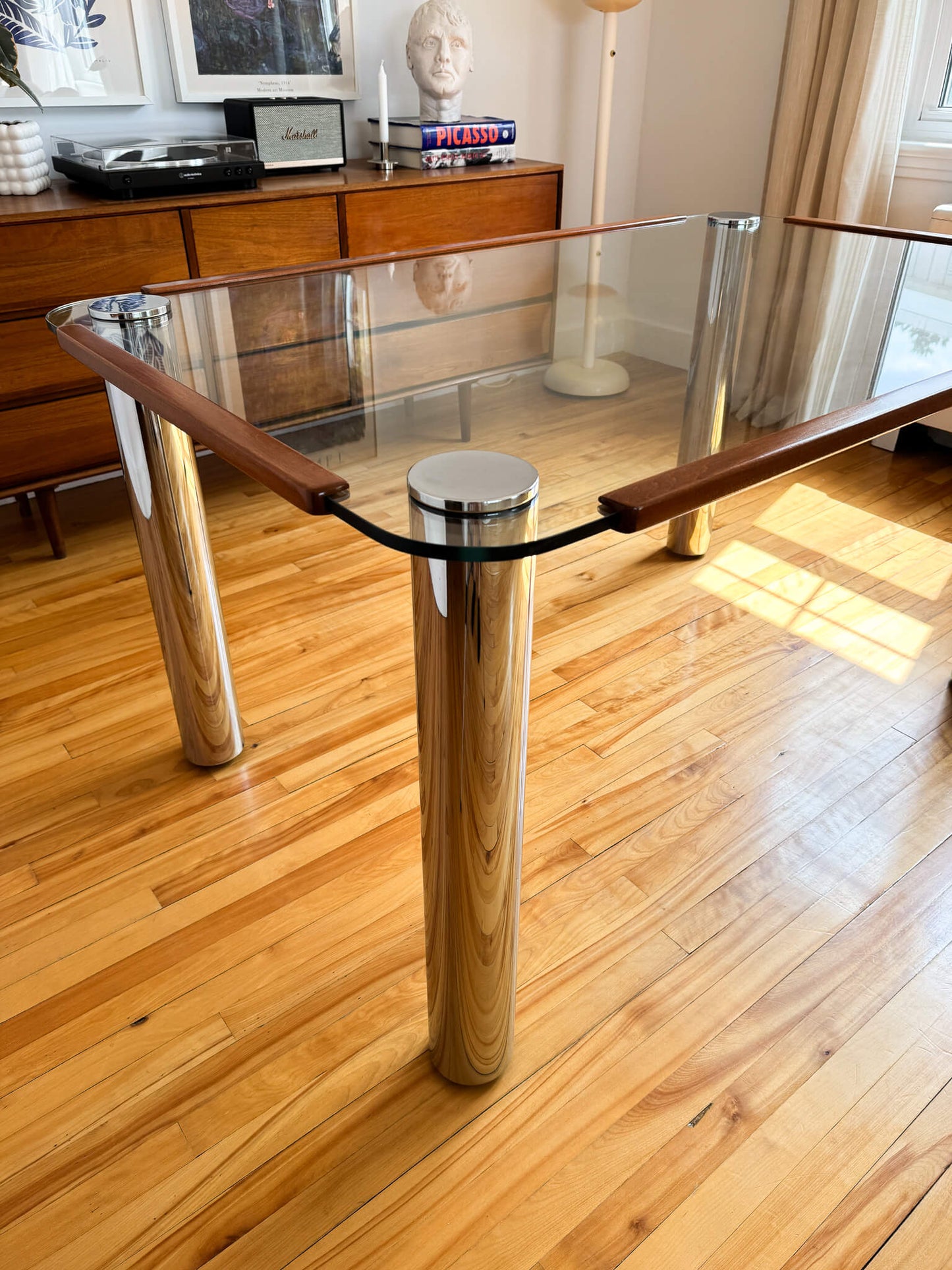 Table à manger vintage chrome & verre postmoderne, 70s