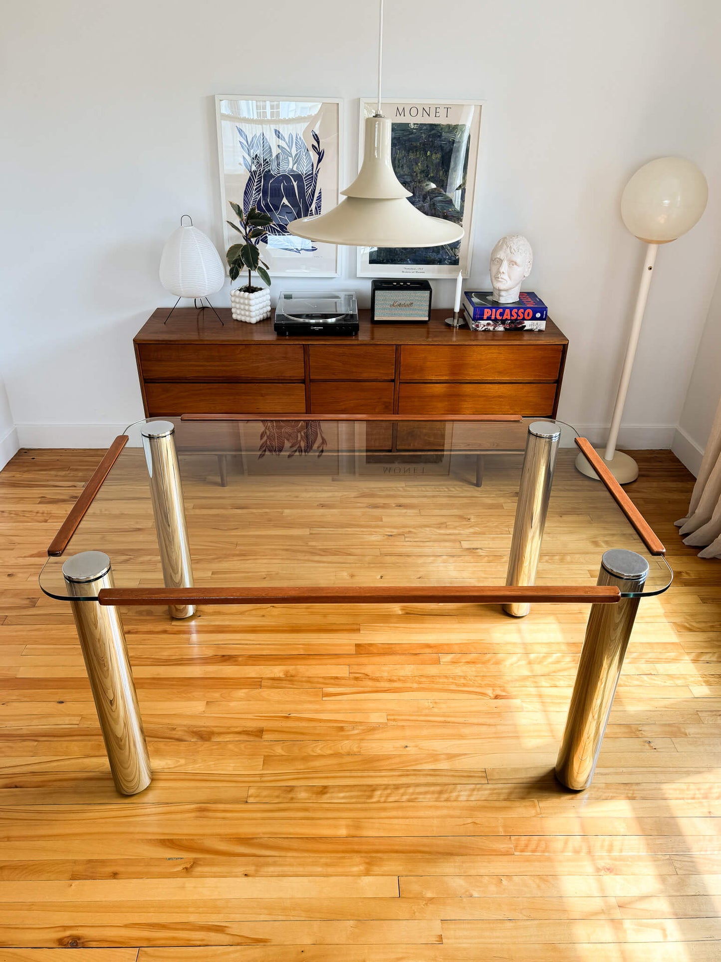 Table à manger vintage chrome & verre postmoderne, 70s