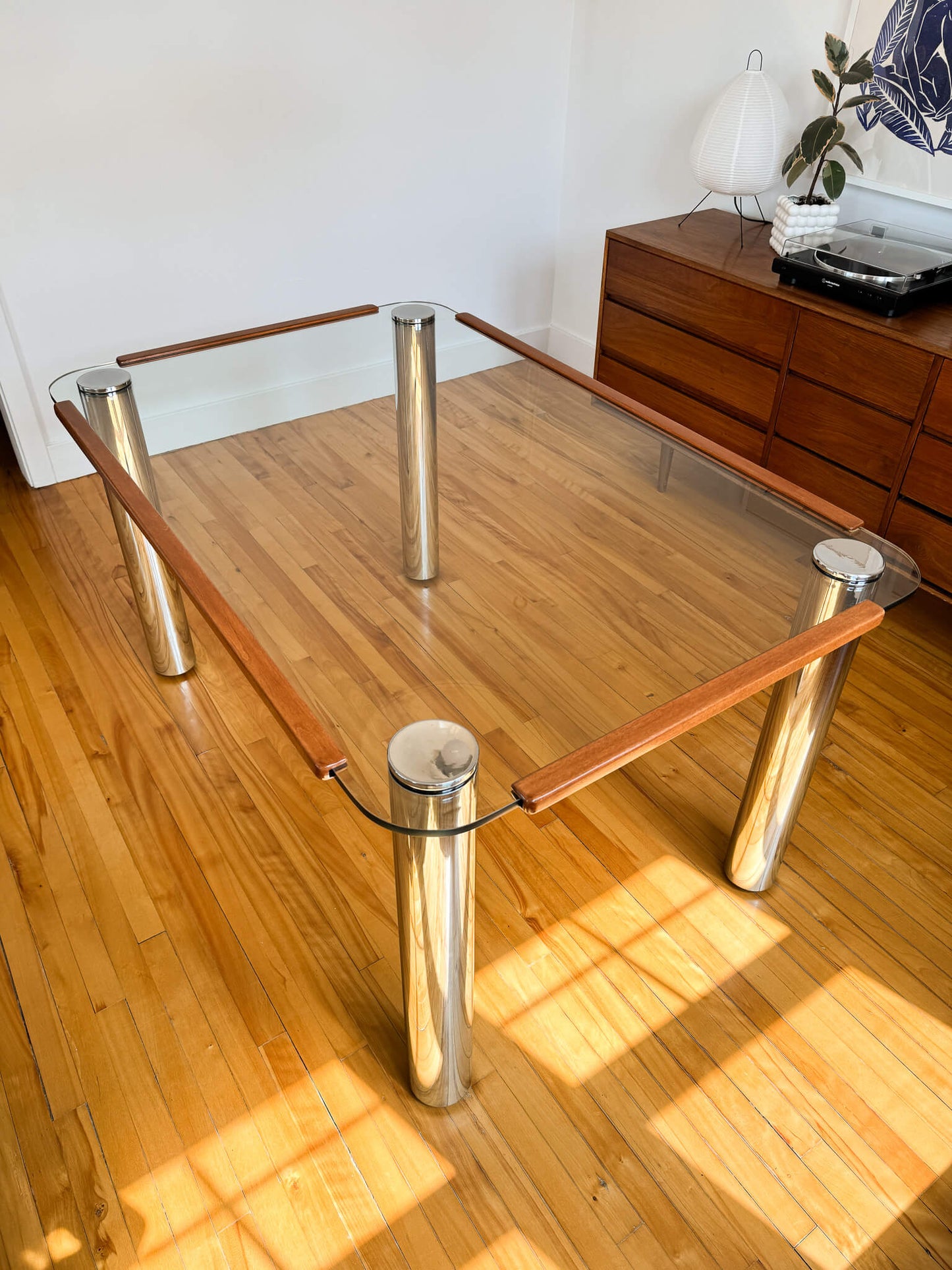 Table à manger vintage chrome & verre postmoderne, 70s