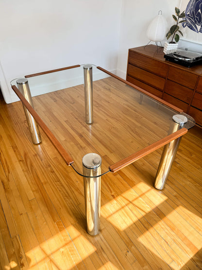 Table à manger vintage chrome & verre postmoderne, 70s