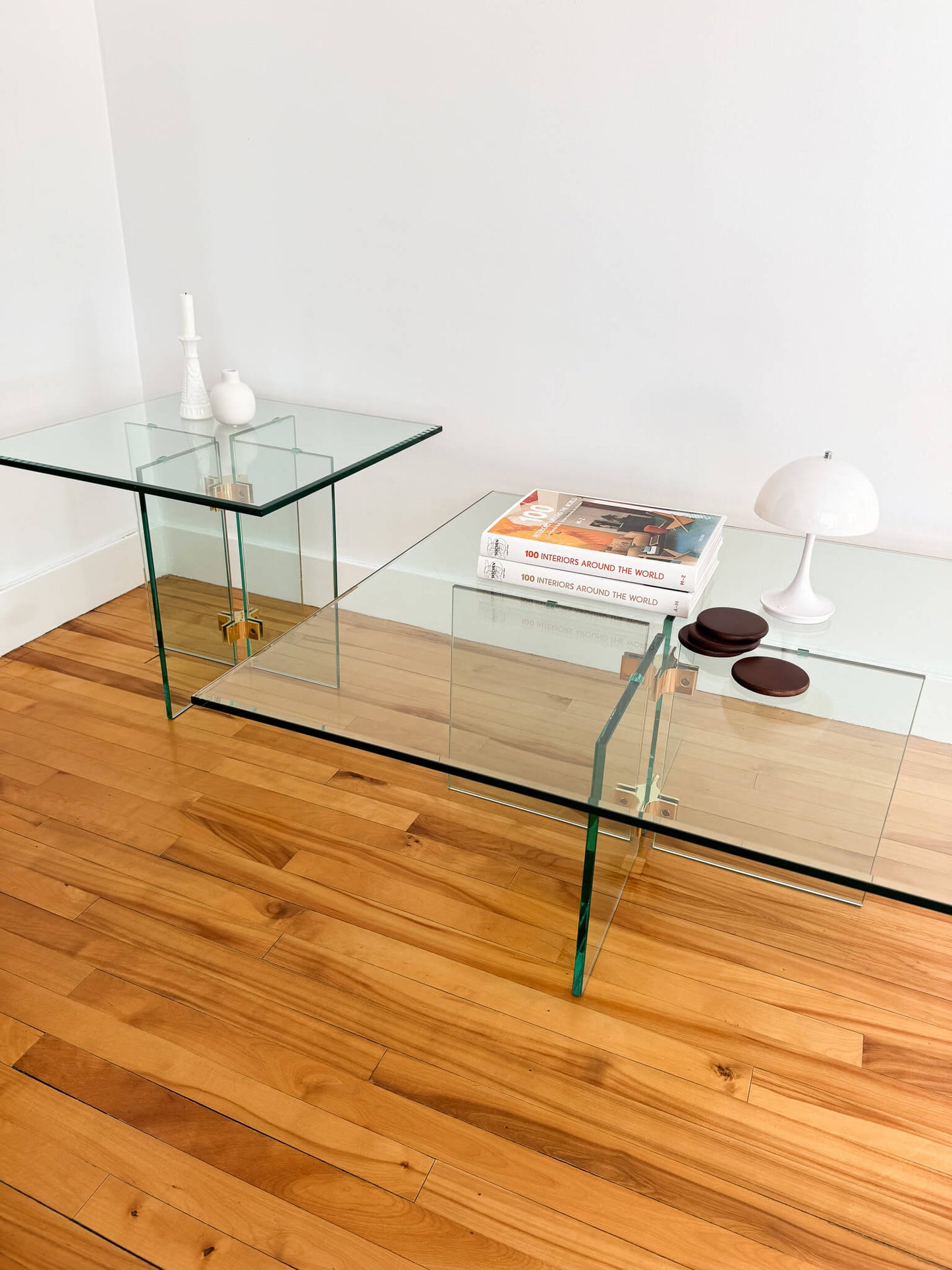 Tables à café vintage en verre et laiton par Leon Rosen, 1980s