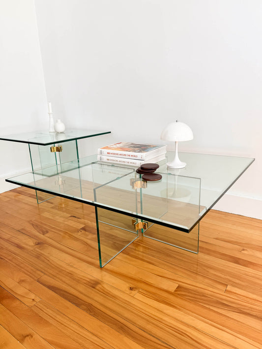 Tables à café vintage en verre et laiton par Leon Rosen, 1980s