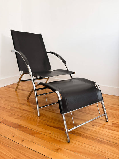Fauteuil vintage en cuir noir et tubulure chromée Mid-Century