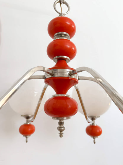 Lustre vintage chromé & orange avec globes sphériques en verre blanc